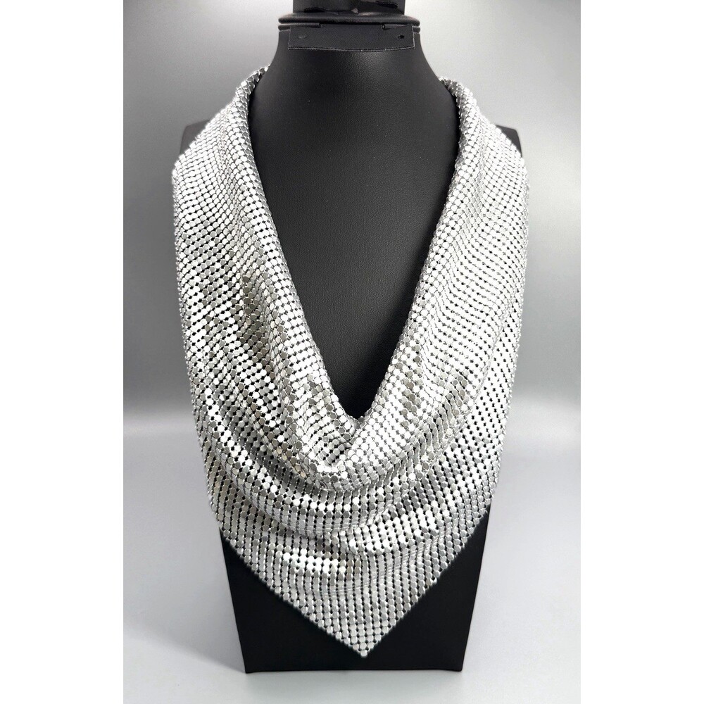 Vintage Silver Tone Metal Mesh Scarf Necklace Draped Bib Disco Statement